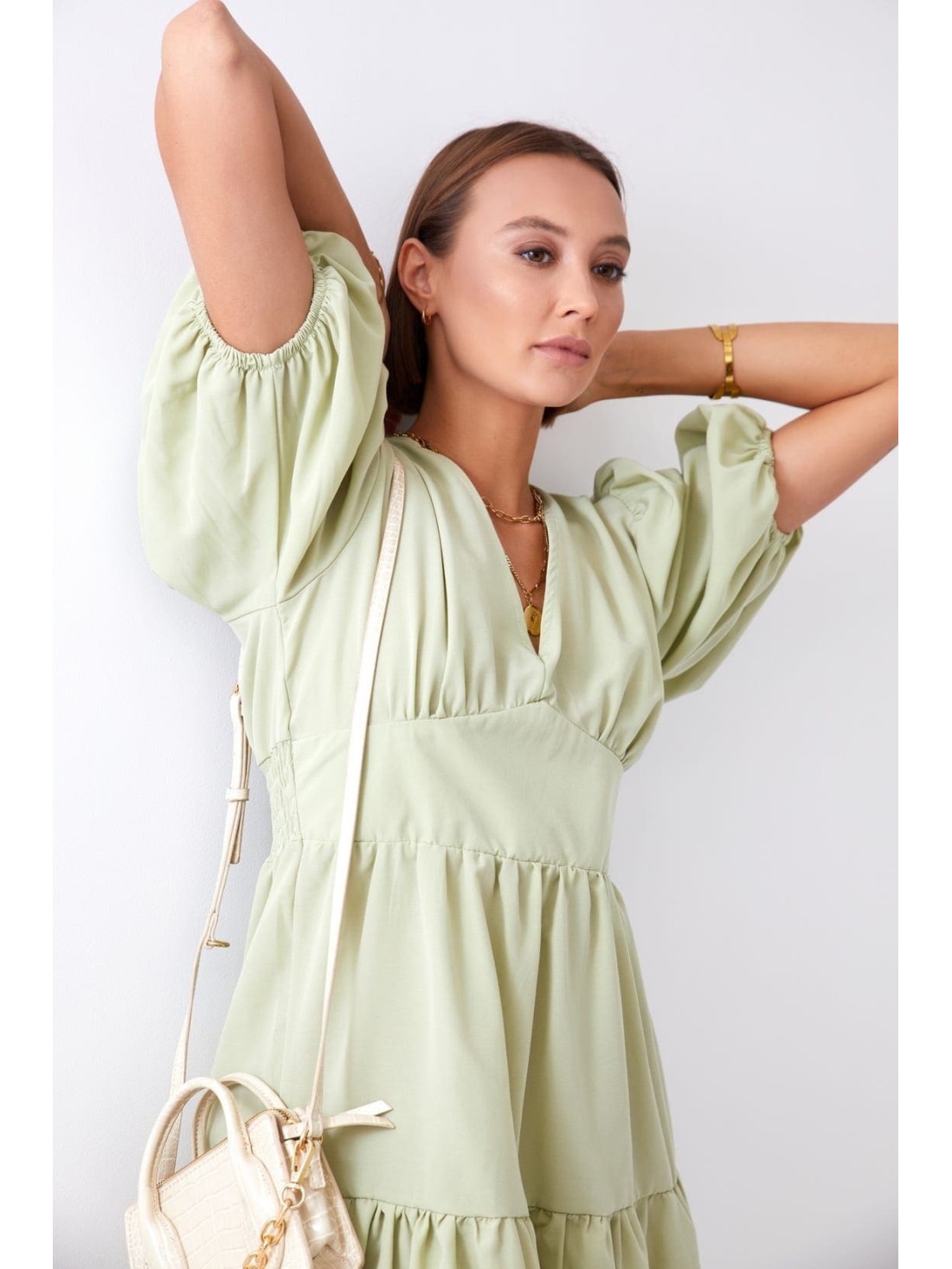 Tailored dress with puffy sleeves, olive green FG651 - Online store - Boutique